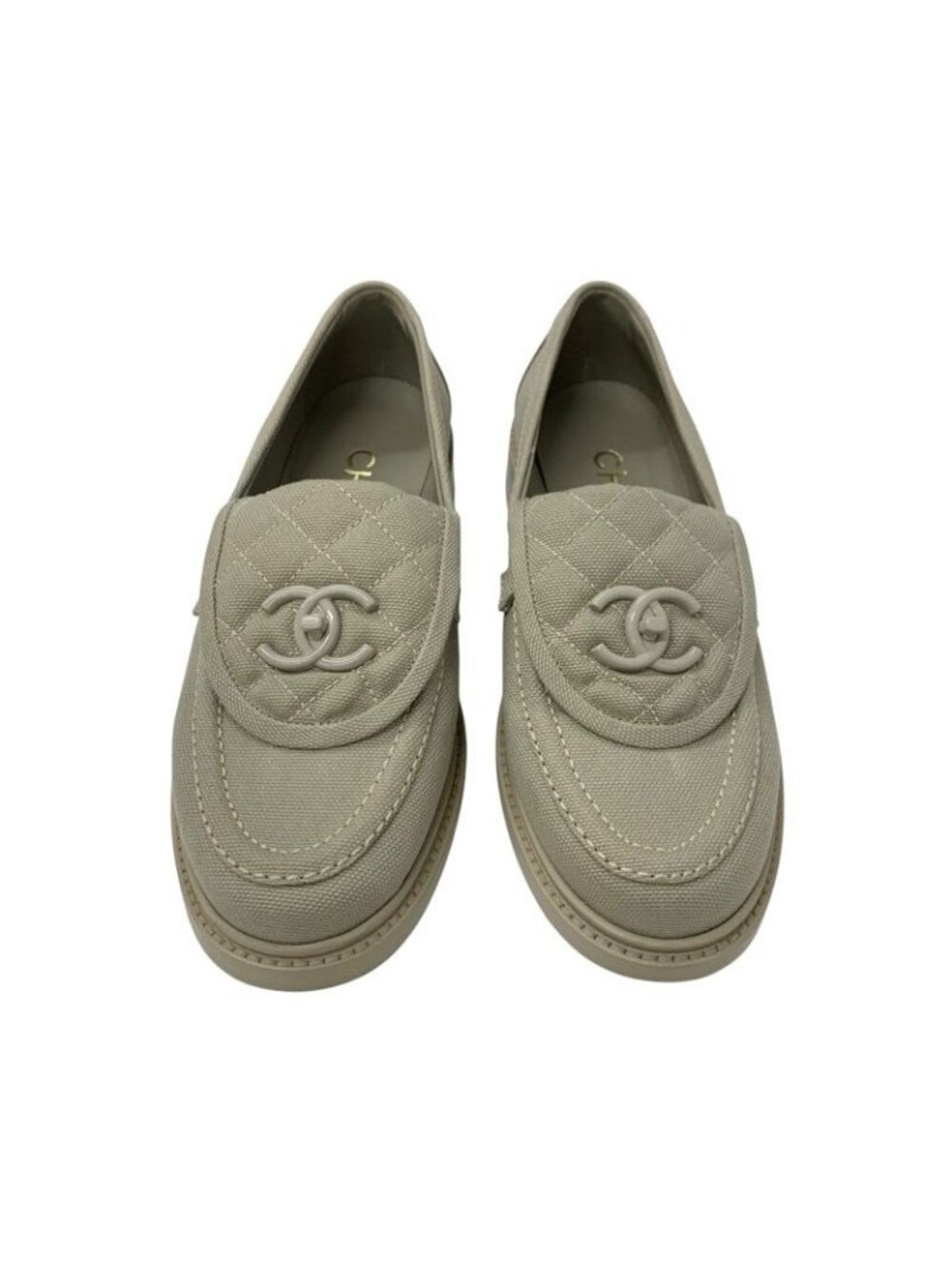 Chanel Loafers Leather Shoes Fabric Beige Coco Mark Turn Lock Flat - Picture 2 of 9